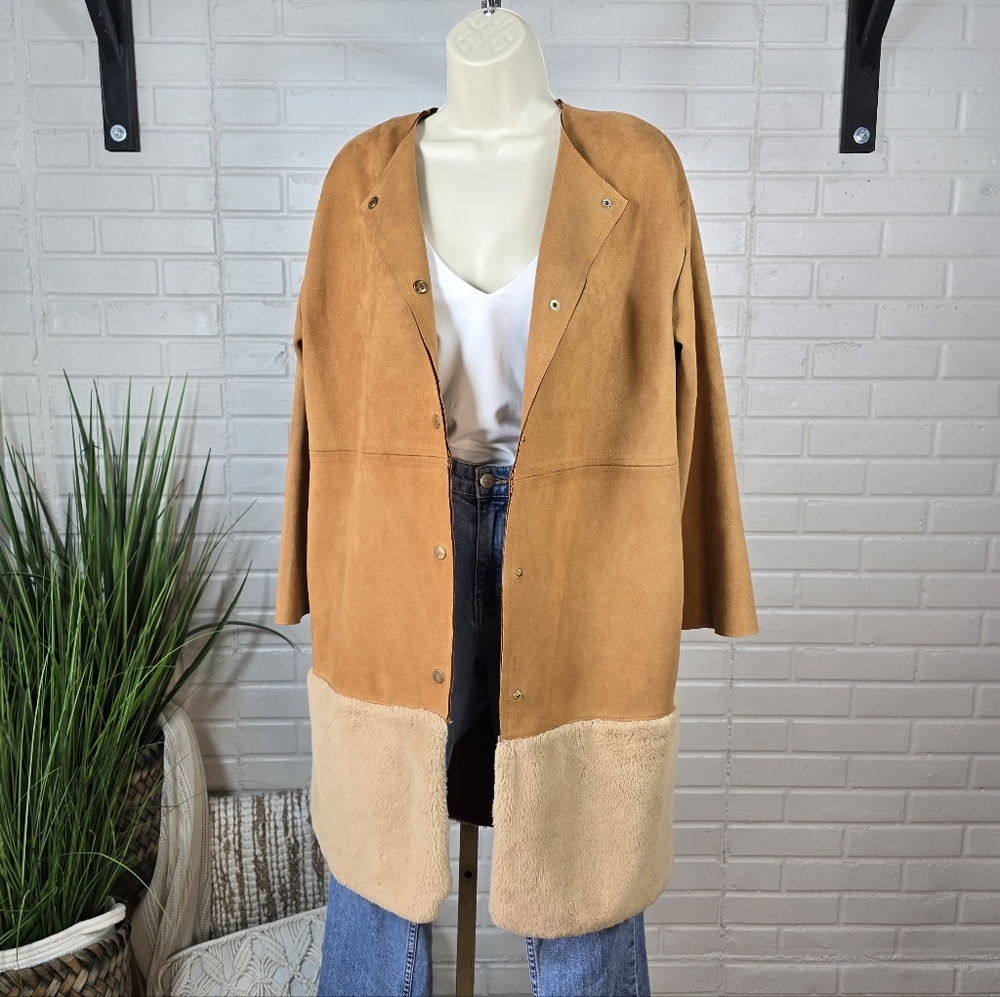 Zara Faux Suede Tan and Cream Fur Trimmed Jacket Oversized Small - Picture 3 of 13